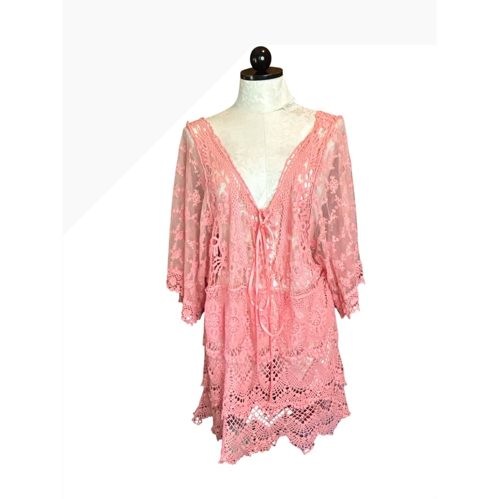 Pretty Angel Pink Boho Lace Crochet Tie Front Top Tunic XL Cover Up NWT Boho